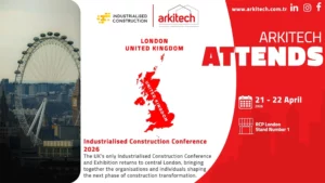 Arkitech Industrialised Construction Conference 2026 London Event-Banner mit UK-Karte und Stand 1